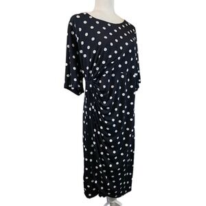 Connected Apparel Dress Womens 24W Navy Polka Dot Midi Ruched Faux Wrap Modest
